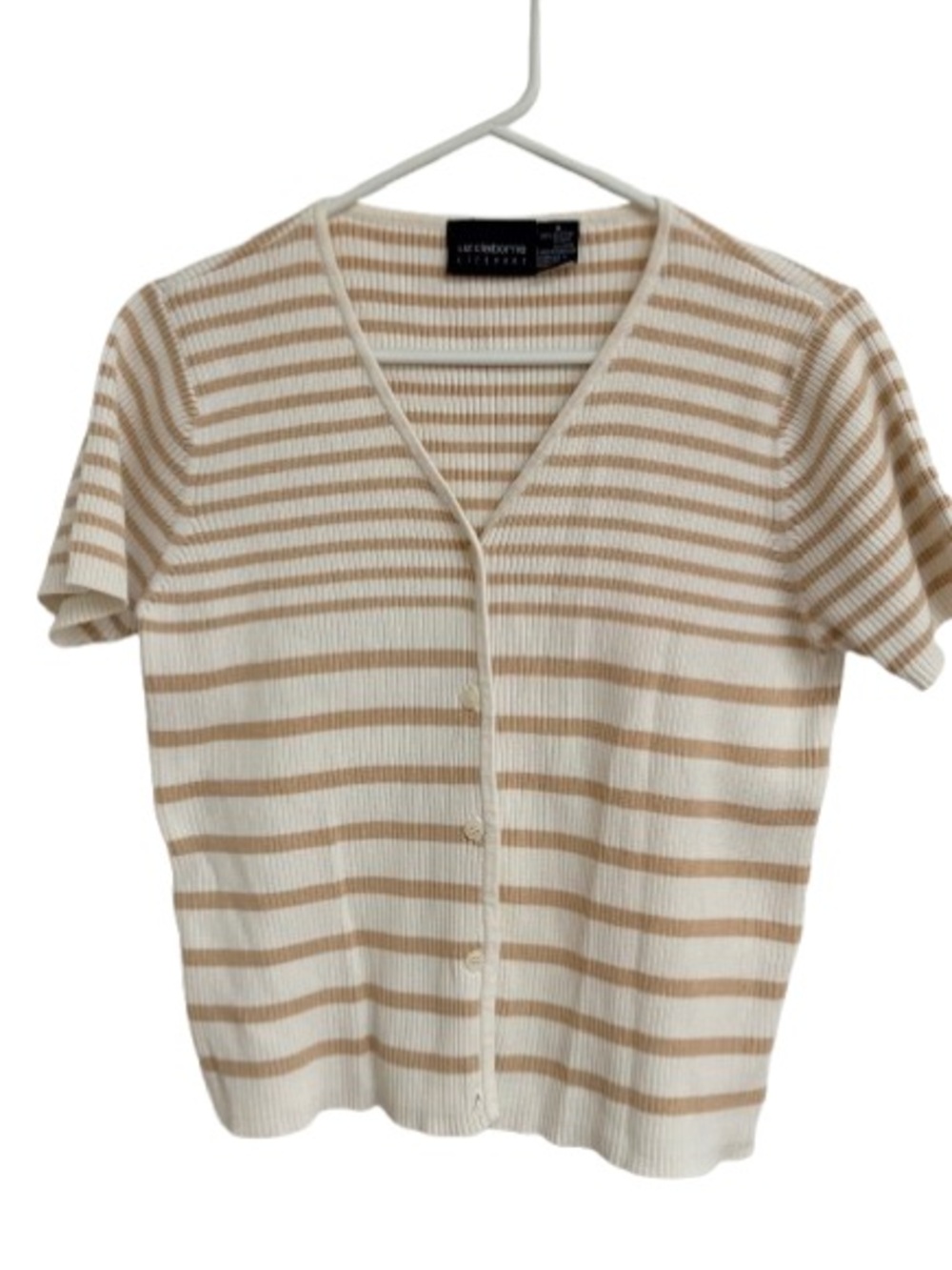 Liz Claiborne Striped Ribbed Tee in Cream & Tan